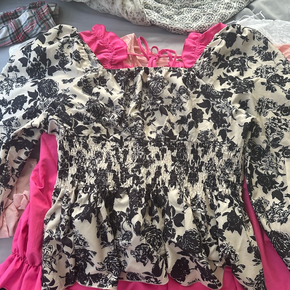 Ruffled White and Black Blouse with Smocked Sleeves